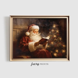 Santa Claus Reading Print | Christmas PRINTABLE Wall Art | Festive Holiday Print | Vintage Style Xmas Painting | Christmas Home Decor | #630