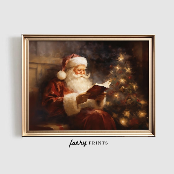 Lámina artística vintage de Papá Noel leyendo / Decoración navideña para el hogar (imprimible)