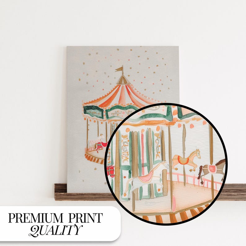 May include: A watercolour painting of a vintage carousel with horses and a striped canopy. The carousel is painted in shades of pink, orange, green, and brown. The background is a light grey with white dots.