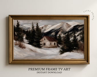May include: A framed landscape painting depicts a snow-covered mountain scene with a small house and evergreen trees. The artwork is in a gold-colored frame. The text at the bottom reads "PREMIUM FRAME TV ART" and "INSTANT DOWNLOAD".
