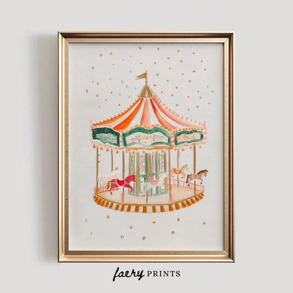 Watercolor Carousel Nursery Art Print | Whimsical Carnival Scene (Digital Download)