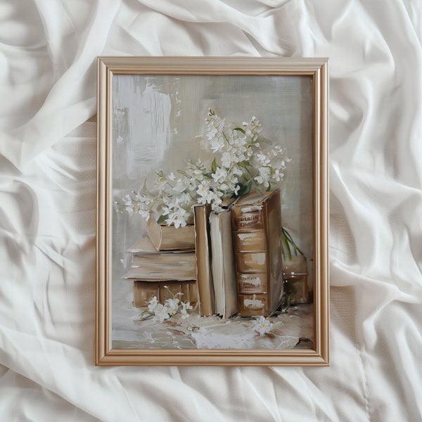 Frühling Blumendruck Soft Cottagecore DRUCKBARE Wand Kunst Licht Academia Frühling Dekor Stapel Bücher Malerei Zarte Blumen Wandkunst | #753