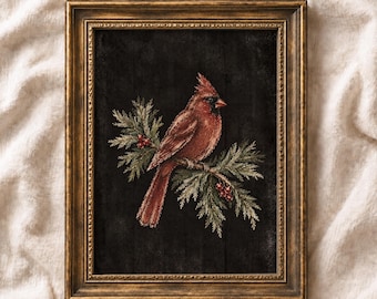 Winter Cardinal PRINTABLE Wall Art: Moody Bird Print, Antique Holiday Decor, Rustic Farmhouse Christmas Art (Digital Download)