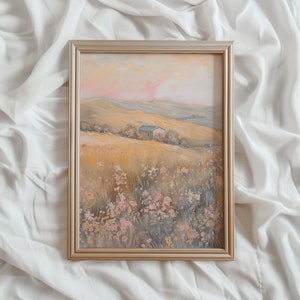 Pastel Wildflower Landscape Print | Vintage PRINTABLE Wall Art | Farmhouse Landscape Art Print | Peach Pink Nursery Decor | #881