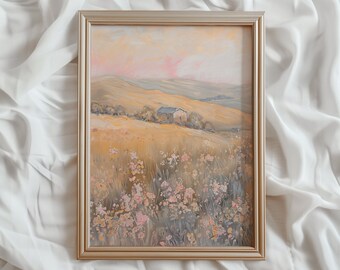 Pink Wildflower Field Print | Farmhouse Landscape Art (Digital Download)