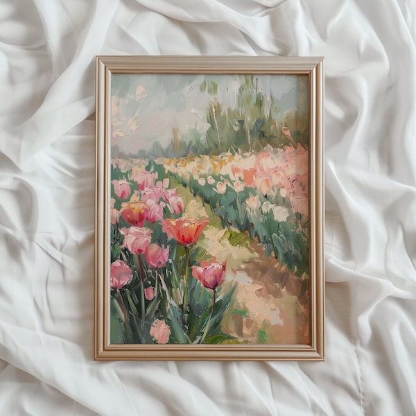 Spring Tulip Field PRINTABLE Wall Art | Colorful Tulip Meadow Print | Summer Floral Landscape Painting | Spring Home Decor | #806