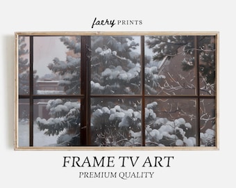 Könnte beinhalten: Ein gerahmtes Gemälde, das eine verschneite Winterlandschaft zeigt, die durch ein Fenster betrachtet wird. Das Fenster ist in neun Scheiben unterteilt und die Szene draußen ist ein schneebedeckter Wald. Das Gemälde befindet sich in einem hellen Holzrahmen.