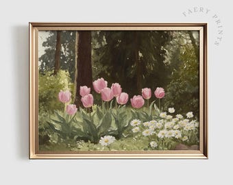 Rosa Tulpe Garten Kunstdruck | Cottagecore Ölgemälde (Digitaler Download)