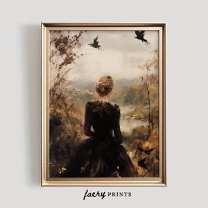 May include: A painting of a woman in a black dress standing in a woodland. She is looking out at a lake in the distance. There are birds flying overhead.