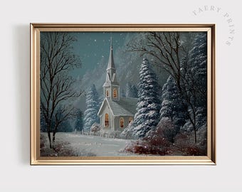 Art de Noël église enneigée : impression vintage chapelle d'hiver (téléchargement numérique)