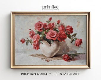 Red Roses in Heart Vase Art Print | Romantic Vintage Painting (Printable Art)