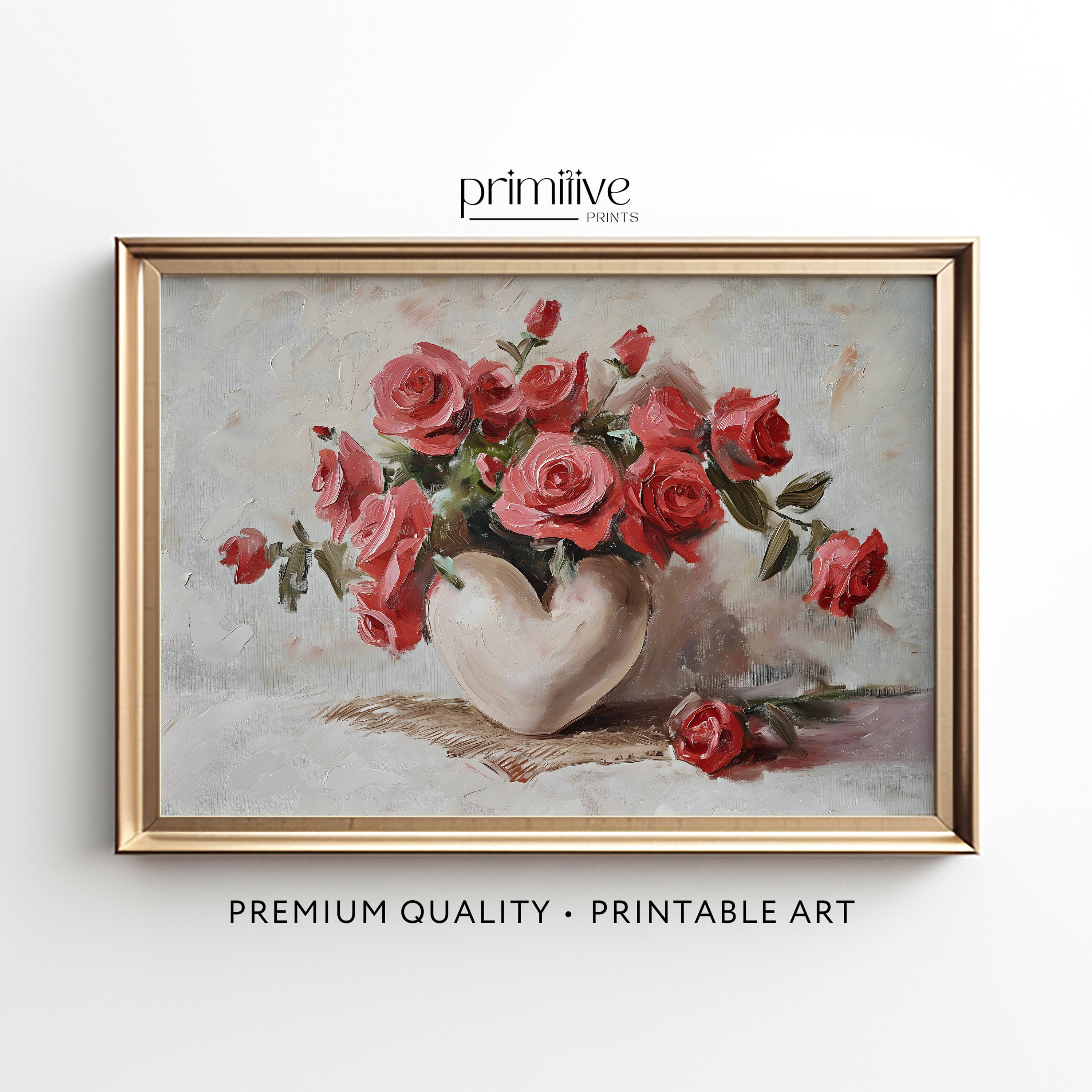Red Roses in Heart Vase Art Print | Romantic Vintage Painting ...