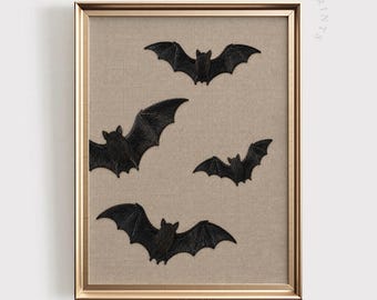 Halloween Bat Wall Art: Embroidered Black Bats PRINTABLE, Gothic Spooky Home Decor (Digital Download)