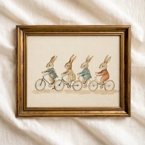 Lámina infantil de conejitos en bicicleta: decoración vintage neutra para la habitación del bebé, arte para la habitación del niño pequeño (descarga digital)