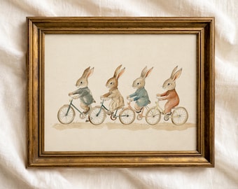Bicycle Bunnies Nursery Print: Vintage Neutral Baby Room Decor, Toddler Nursery Bedroom Art (Digital Download)