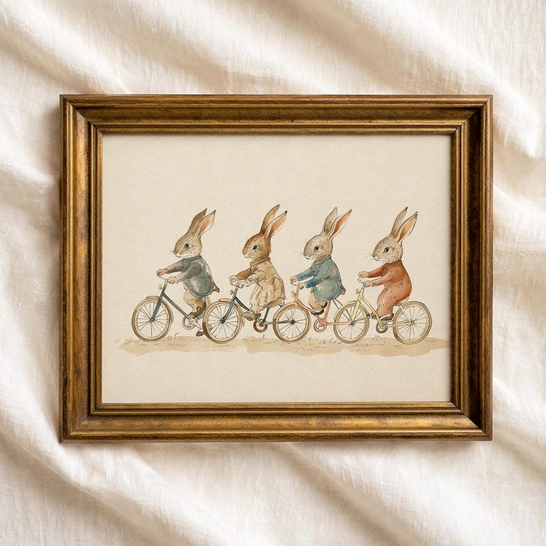 Fiets konijntjes kinderkamer print: vintage neutraal babykamer decor, peuter kinderkamer slaapkamer kunst (digitale download) afbeelding 1