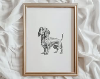Può includere: Un disegno a matita in bianco e nero di un bassotto in una cornice dorata. Il cane è in piedi con la testa girata a sinistra e la coda arrotolata dietro di lui.