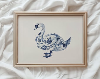 Farmhouse Swan Print | Vintage PRINTABLE Art | Blue Chinoiserie Duck Painting | Rustic Country Style Wall Art | Antique Duck Print | #887