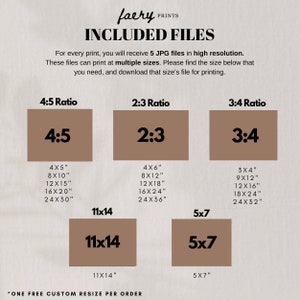 May include: A graphic showing different aspect ratios for digital prints. The ratios are 4:5, 2:3, and 3:4. Each ratio has a list of different sizes in inches, such as 4x5, 8x10, 12x15, 16x20, and 24x30. The text "*ONE FREE CUSTOM RESIZE PER ORDER" is at the bottom of the graphic.