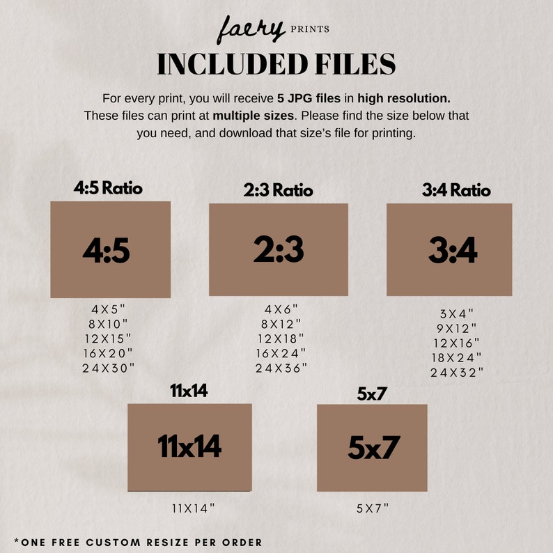 May include: A graphic showing different aspect ratios for digital prints. The ratios are 4:5, 2:3, and 3:4. Each ratio has a list of different sizes in inches, such as 4x5, 8x10, 12x15, 16x20, and 24x30. The text "*ONE FREE CUSTOM RESIZE PER ORDER" is at the bottom of the graphic.