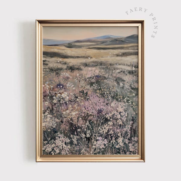 Lavender Field Landscape Print | Vintage Wildflower Painting (Printable)