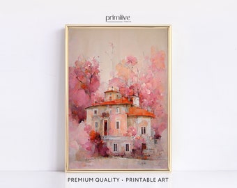 Pink European Villa Print, Dusty Rose Floral Print, Architecture Wall Decor, Pink Trees Printable Art, Abstract Digital Artwork Painting