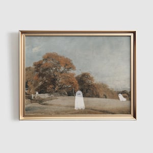 Cute Ghosts in Vintage Landscape Painting | Halloween PRINTABLE Art | Fall Halloween Farmhouse Wall Art Print | Painted Ghosts Artwork |#589