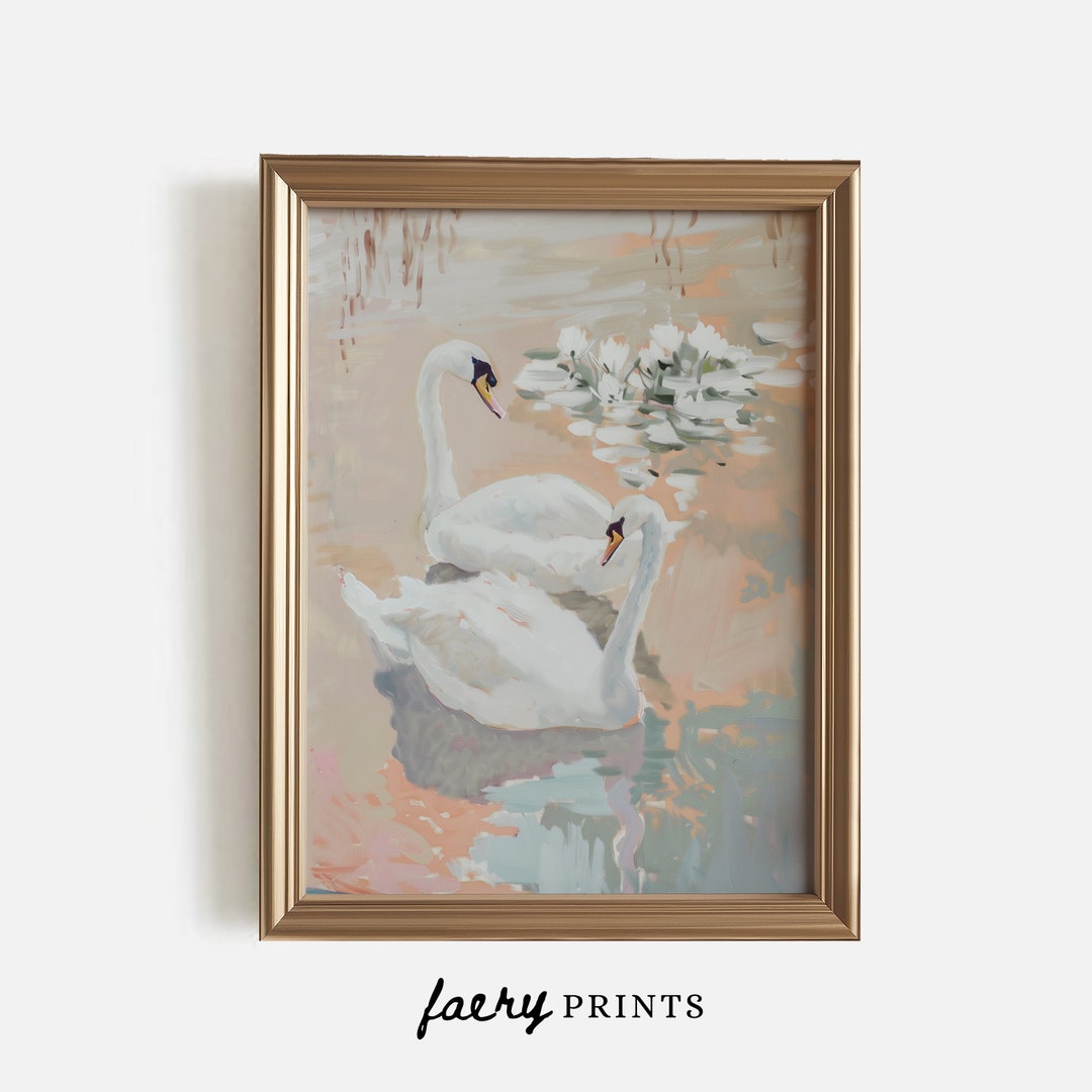 Pastel Swans in Water PRINTABLE Art Print Light Academia Swan Painting ...