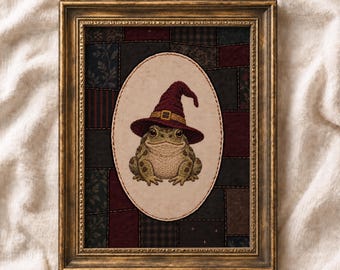 Witch Frog Wall Art: Whimsical Halloween PRINTABLE, Cottagecore Toad Print, Plaid Witchy Decor