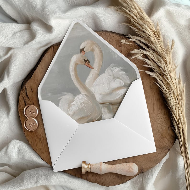 May include: A white envelope with a painting of two white swans inside. The envelope is sealed with a wax seal. The background is a wooden surface with a white fabric.