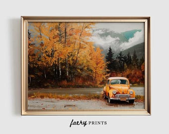 May include: A vintage yellow car parked in front of a forest with fall foliage. The car is in front of a lake and mountains in the background.