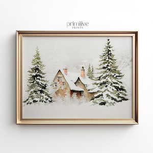 Snowy Farmhouse Watercolor Painting | Winter Holiday Print (Digital Download)