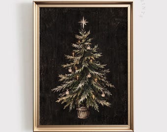 Christmas Tree PRINTABLE Wall Art: Moody Holiday Print, Antique Tree Decor, Rustic Farmhouse Christmas Art (Digital Download)