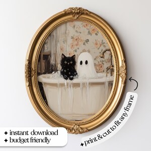 May include: A black cat and a white ghost are taking a bath in a white bathtub. The bathtub is in a bathroom with floral wallpaper. The image is framed in a gold oval frame.