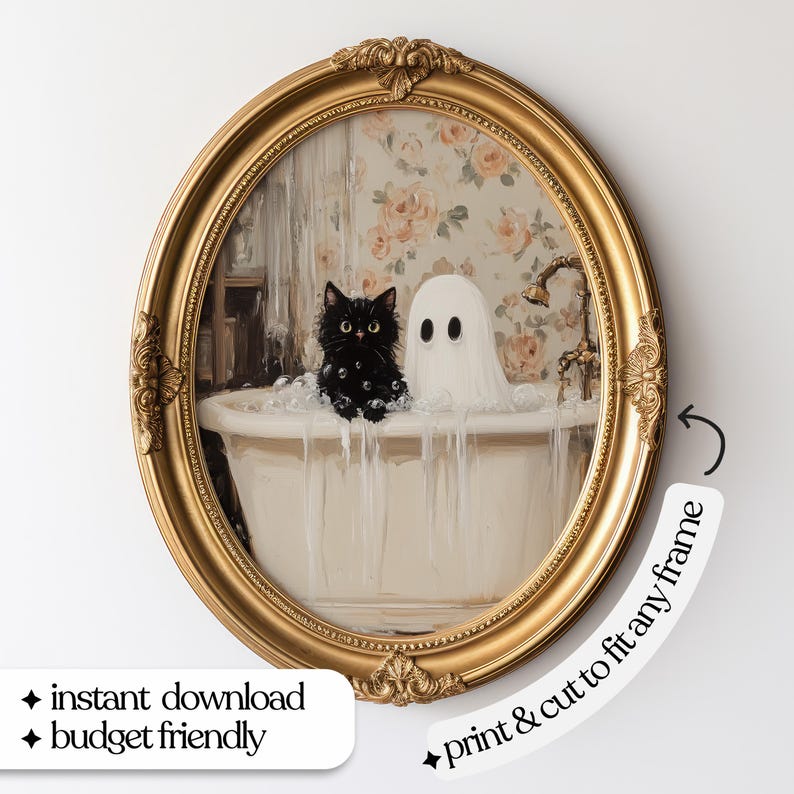 May include: A black cat and a white ghost are taking a bath in a white bathtub. The bathtub is in a bathroom with floral wallpaper. The image is framed in a gold oval frame.