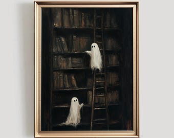 Ghost Library Halloween Art Print | Spooky Book Decor (Digital Download)