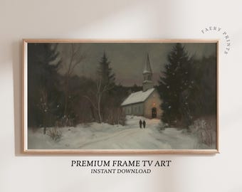 May include: A framed winter landscape painting featuring a snow-covered road leading to a church with a steeple. The artwork is in a wooden frame and includes the text "PREMIUM FRAME TV ART INSTANT DOWNLOAD".