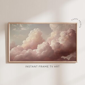 Könnte beinhalten: Ein digitales Gemälde eines rosa und weißen, bewölkten Himmels. Die Wolken sind flauschig und scheinen sich über den Himmel zu bewegen. Das Gemälde hat eine weiche, verträumte Atmosphäre.