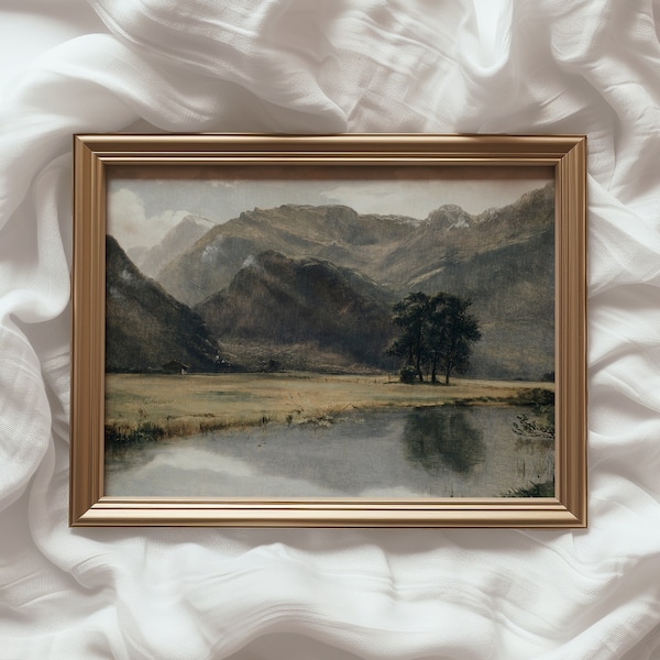 Peinture de paysage de rivière | oeuvre d'art imprimable vintage | Impression d'art de montagne rustique | Décoration de cabane naturelle | Art serein aux tons de terre | #596