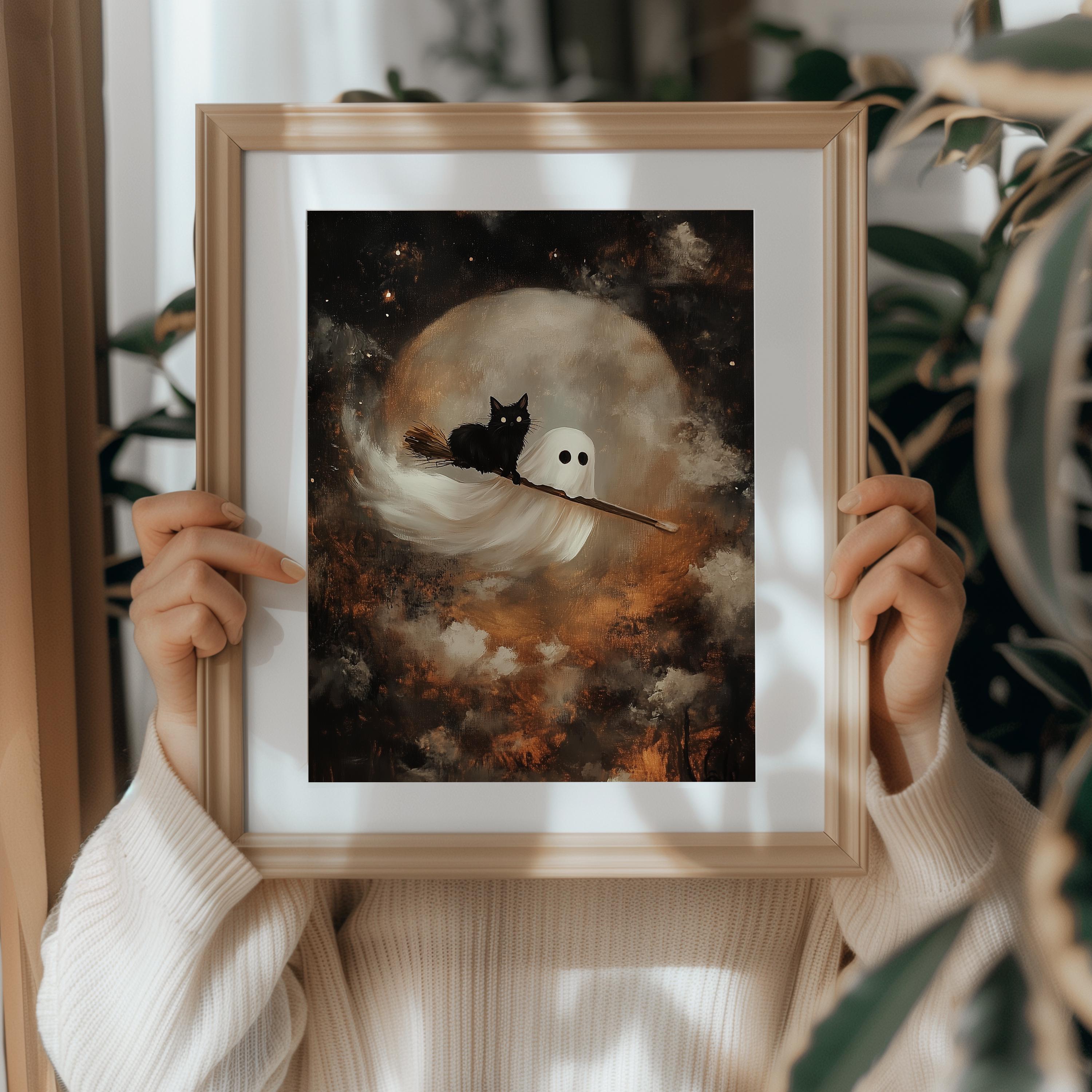 Ghost and Black Cat Halloween Art Print | Spooky Broomstick Decor ...
