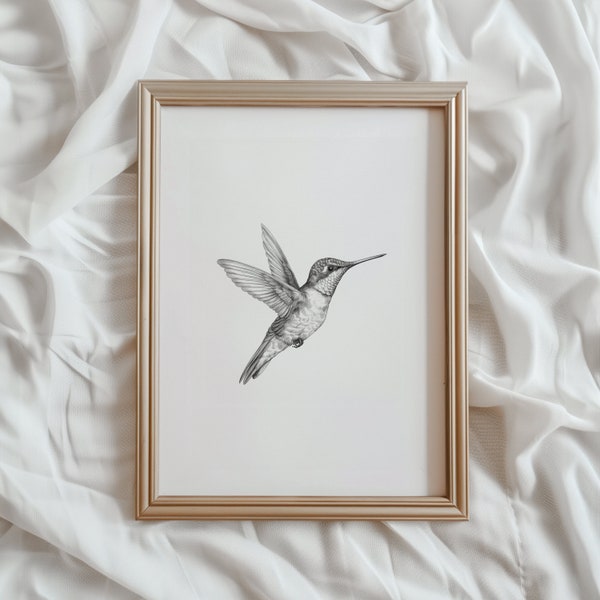 Croquis de colibri | Art mural imprimable d'oiseau | Oeuvre d'art numérique oiseau noir et blanc | Décoration d'intérieur printanière | Dessin Colibri | #860