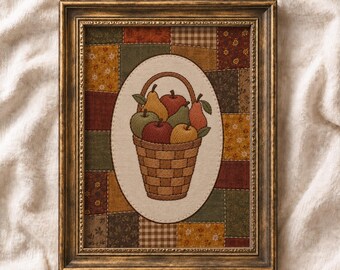 Fruit Basket Print: Fall Country Kitchen PRINTABLE Wall Art | Patchwork Autumn Decor, Vintage Harvest Print (Digital Download)
