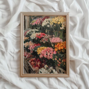Arte de pared imprimible vintage con mercado de flores / Impresión de mercado de tulipanes de primavera / Decoración romántica de primavera con tulipanes en la granja / N.° 828