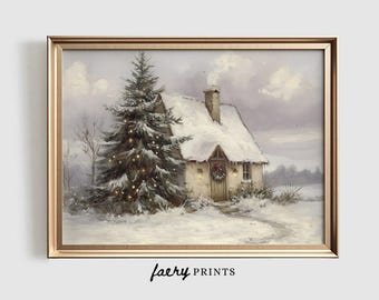 Snowy Cottage Christmas Tree Art Print | Winter Farmhouse Decor (Digital Download)