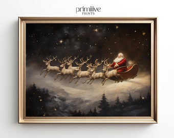 Santa Claus Art Print | Christmas PRINTABLE Wall Art | Sleigh & Reindeers Digital Art Print | Vintage Festive Seasonal Home Decor | #706