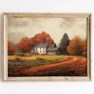 May include: A framed painting of a white farmhouse with a red roof, surrounded by trees with autumn leaves. A winding dirt road leads to the house, with a field of red flowers in the foreground.