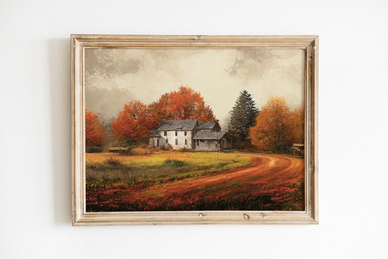 May include: A framed painting of a white farmhouse with a red roof, surrounded by trees with autumn leaves. A winding dirt road leads to the house, with a field of red flowers in the foreground.
