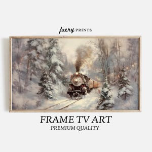May include: A vintage-style painting of a steam train traveling through a snowy forest. The train is decorated with Christmas lights and greenery. The forest is covered in snow and the sky is a soft gray.