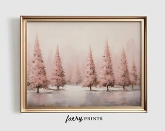 Pink Winter Forest Print | Pastel Christmas Home Decor (Printable Art)