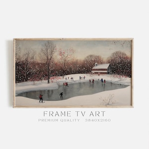 May include: A winter scene painting depicting a frozen pond with people ice skating. The pond is surrounded by snow-covered trees and a red barn in the background. The sky is a light blue with snow falling.
